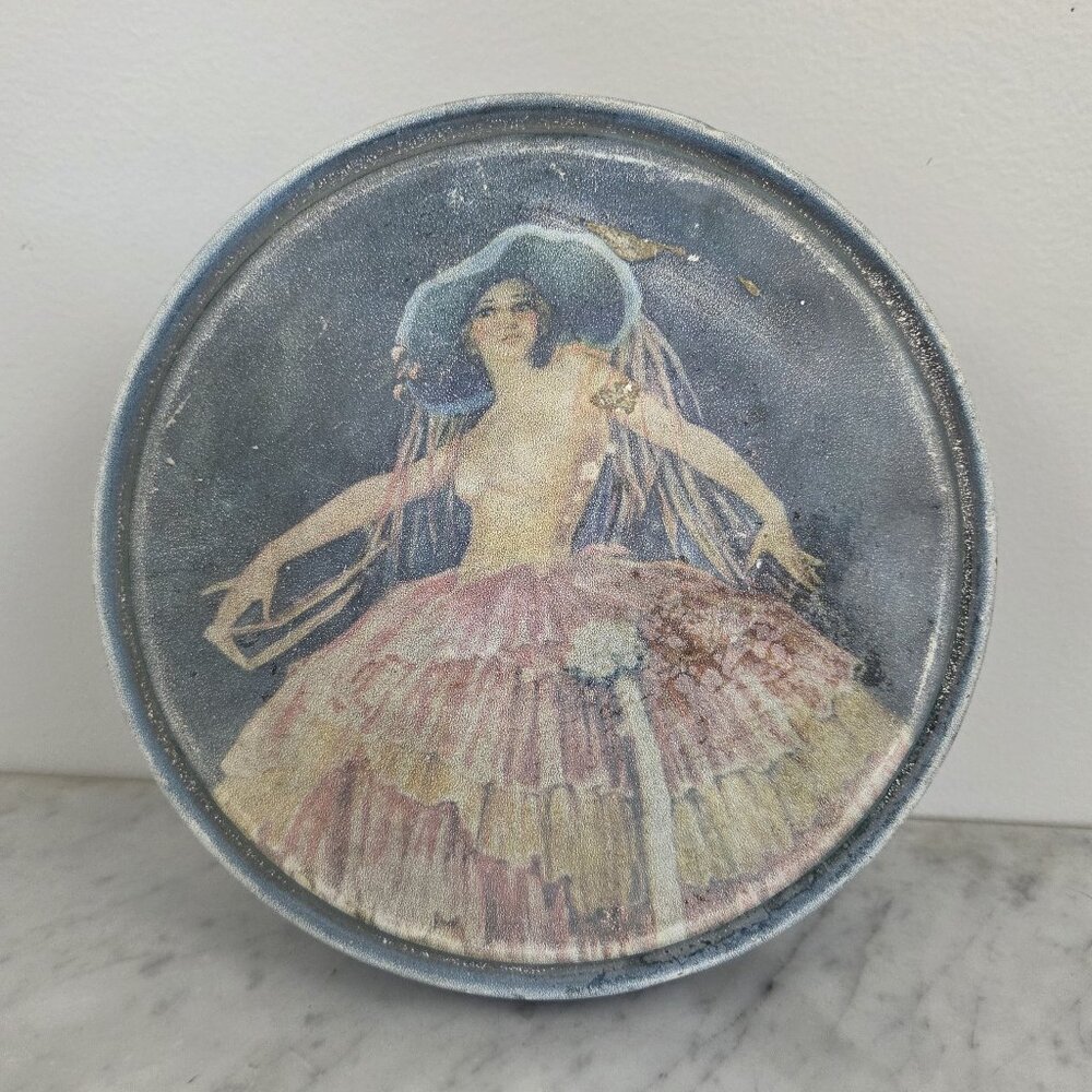 Antique 1920's / 30's Canco 8.5" Confection Tin Blue Hat Tiered Dress Lady
